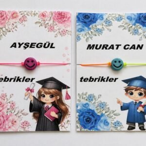 ÖĞRENCİLER İÇİN MEZUNİYET İSME ÖZEL KARTLI BİLEKLİK 20 ADET