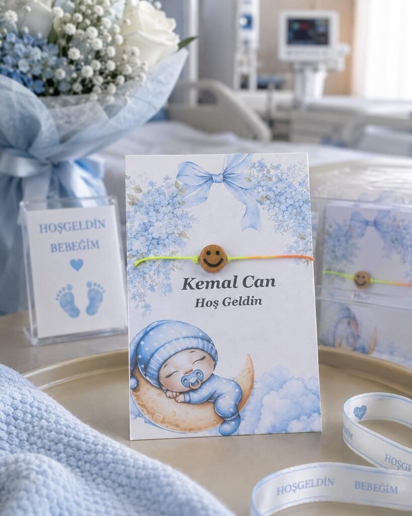 20 adet Hoşgeldin bebek , mevlid , doğumgünü İsme Özel kartlı gülenyüz ipli bileklik