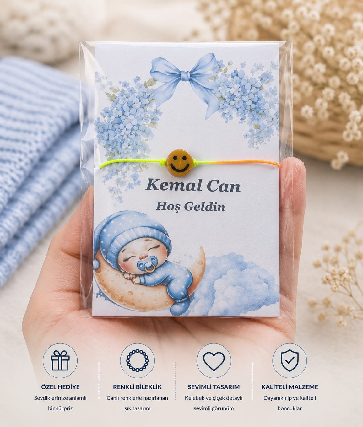 20 adet Hoşgeldin bebek , mevlid , doğumgünü İsme Özel kartlı gülenyüz ipli bileklik - Görsel 3