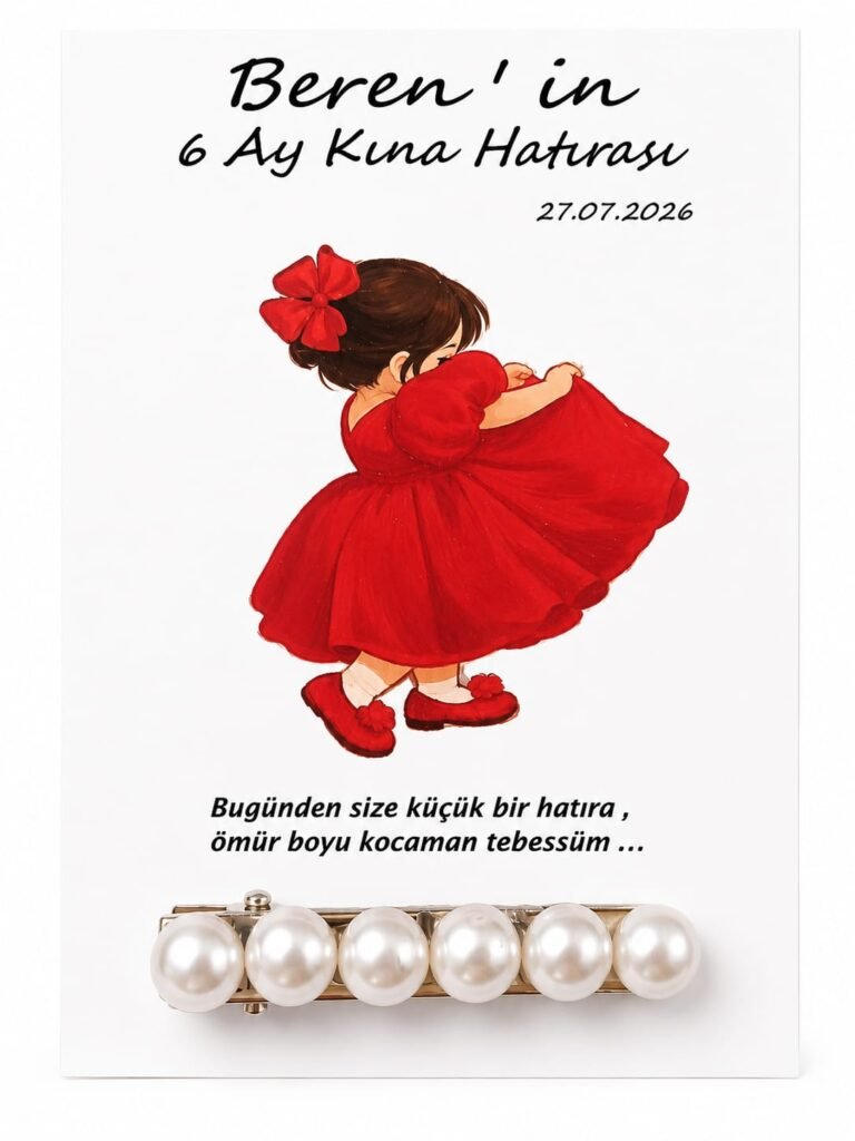 50 adet - 6 ay kınası,doğumgünü,mevlid, İsme Özel kartlı inci toka