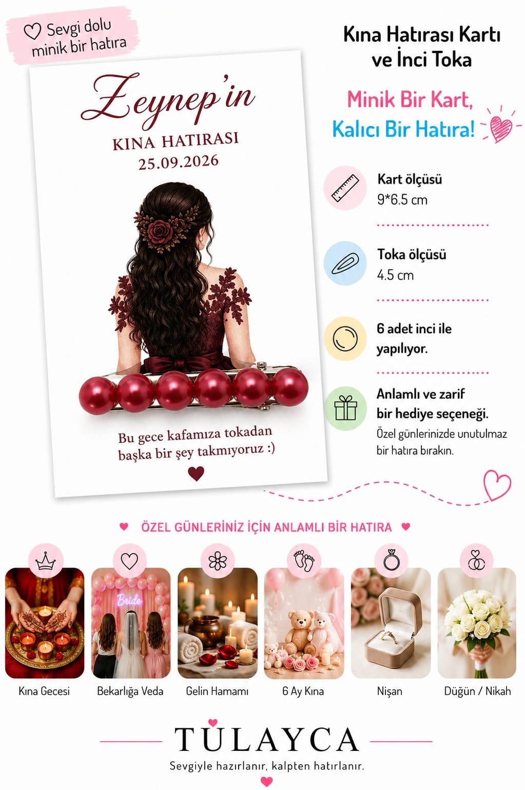 50 adet Düğün nişan kına İsme Özel kartlı inci toka (renkli)
