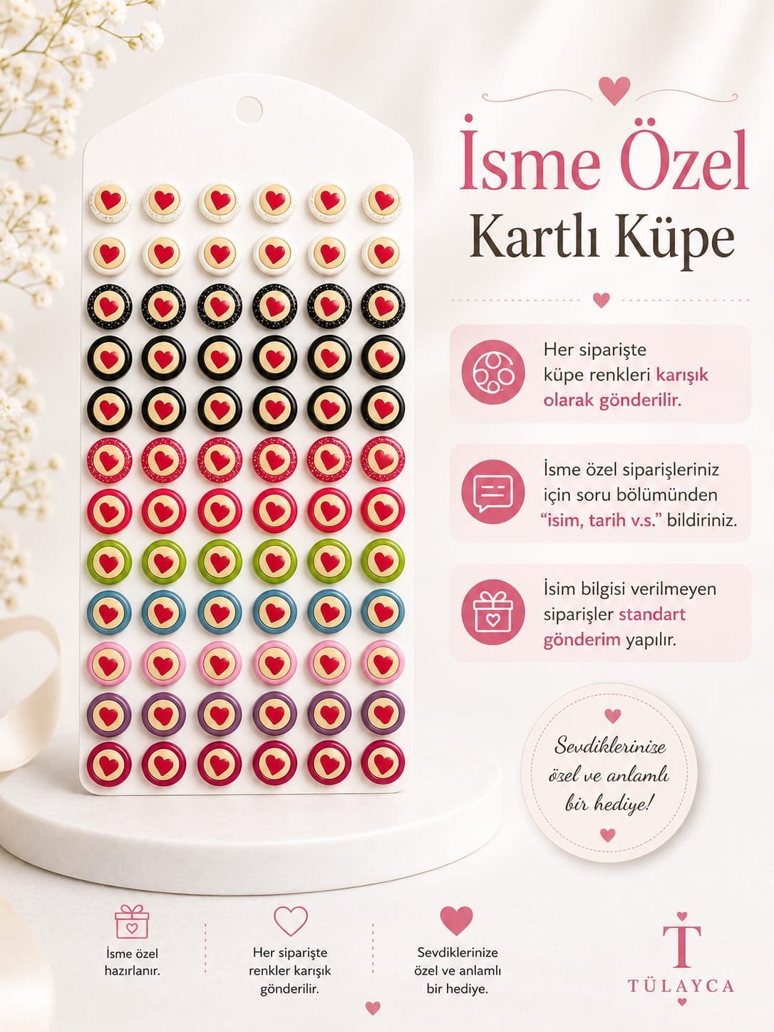 10 ADET İSME ÖZEL KARTLI KÜPE -DOĞUMGÜNÜ,6 AY KINASI,KURAN OKUYORUM,DİŞ BUĞDAYI , BEBEK MEVLÜDÜ - Görsel 2